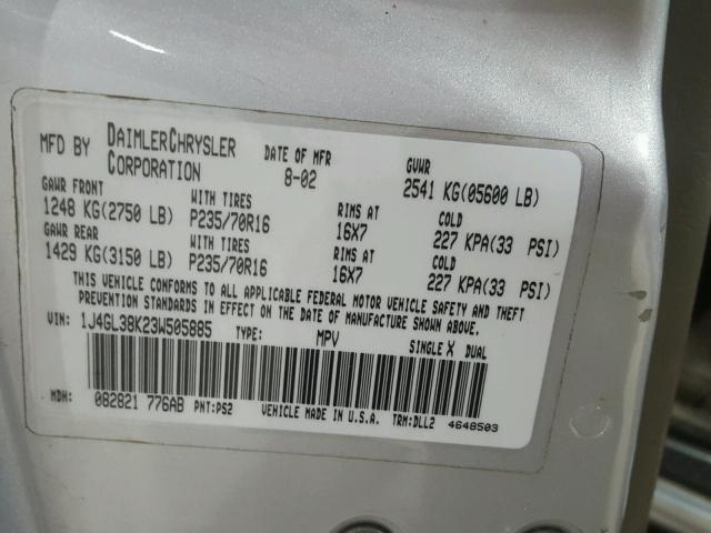 1J4GL38K23W505885 - 2003 JEEP LIBERTY RE SILVER photo 10