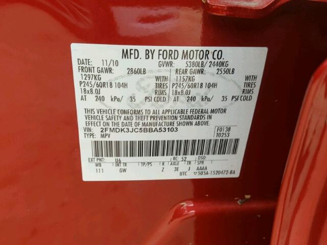 2FMDK3JC5BBA53103 - 2011 FORD EDGE SEL RED photo 10