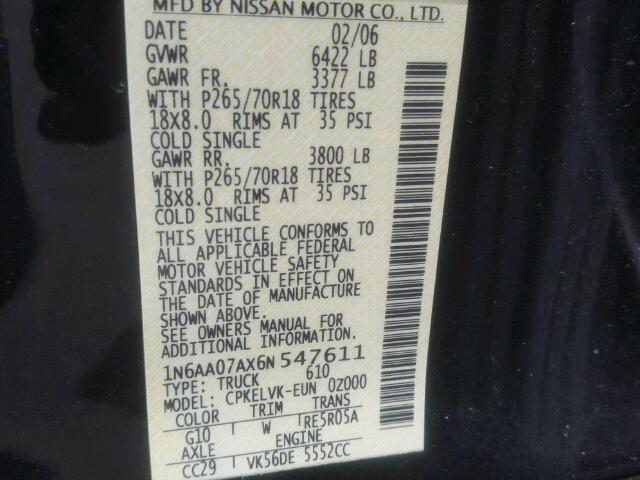 1N6AA07AX6N547611 - 2006 NISSAN TITAN XE BLACK photo 10