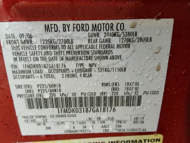 1FMDK03187GA18176 - 2007 FORD FREESTYLE RED photo 10