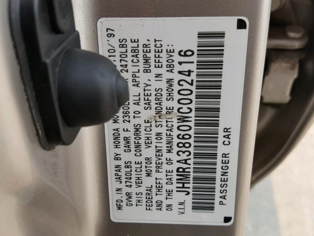 JHMRA3860WC002416 - 1998 HONDA ODYSSEY LX BEIGE photo 10