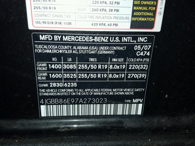 4JGBB86E97A273023 - 2007 MERCEDES-BENZ ML 350 BLACK photo 10