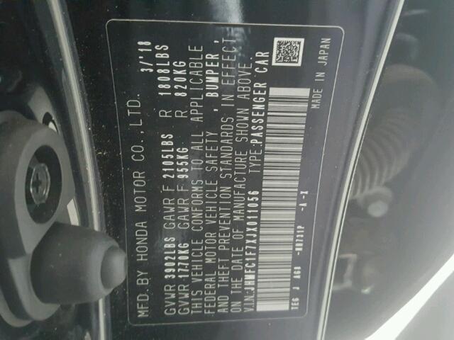 JHMFC1F7XJX011056 - 2018 HONDA CIVIC EXL BLACK photo 10