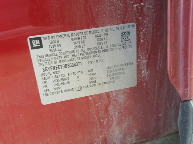 3GYFNEEY9BS538371 - 2011 CADILLAC SRX PERFOR 红色 照片 10