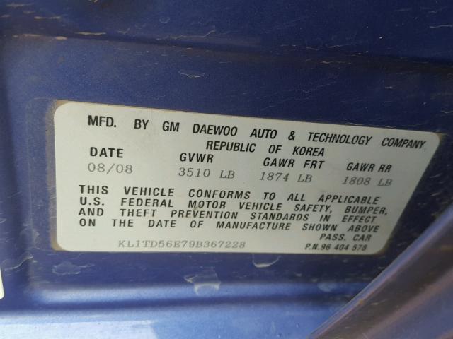 KL1TD56E79B367228 - 2009 CHEVROLET AVEO LS BLUE photo 10