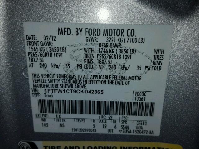 1FTFW1CT9CKD42365 - 2012 FORD F150 SILVER photo 10