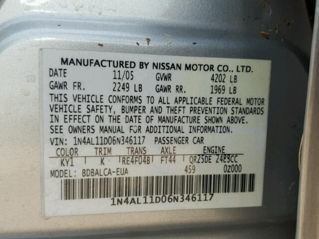 1N4AL11D06N346117 - 2006 NISSAN ALTIMA SILVER photo 10