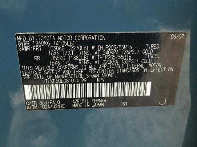 JTLKE50E081014199 - 2008 TOYOTA SCION XB Blau Foto 10