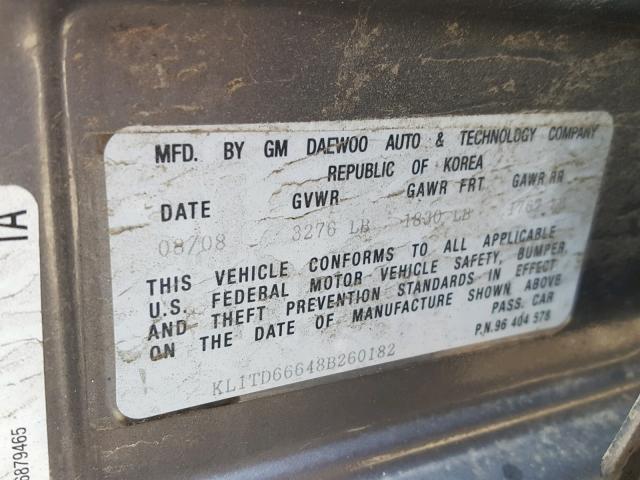 KL1TD66648B260182 - 2008 CHEVROLET AVEO BASE Մոխրագույն լուսանկար 10