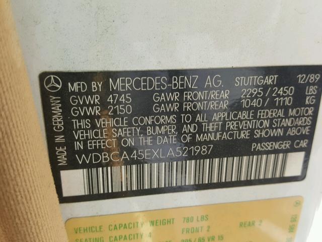 WDBCA45EXLA521987 - 1990 MERCEDES-BENZ 560 SEC WHITE photo 10