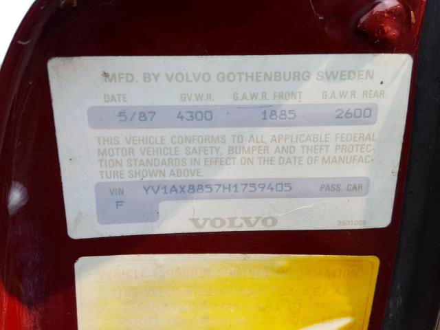 YV1AX8857H1759405 - 1987 VOLVO 245 DL RED photo 10