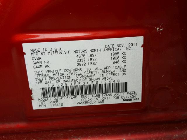 4A32B3FF3CE012440 - 2012 MITSUBISHI GALANT ES RED photo 10