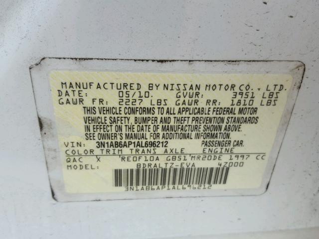 3N1AB6AP1AL696212 - 2010 NISSAN SENTRA 2.0 WHITE photo 10