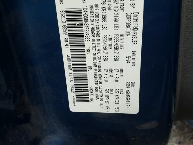 1D4HD58N24F224929 - 2004 DODGE DURANGO LI BLUE photo 10