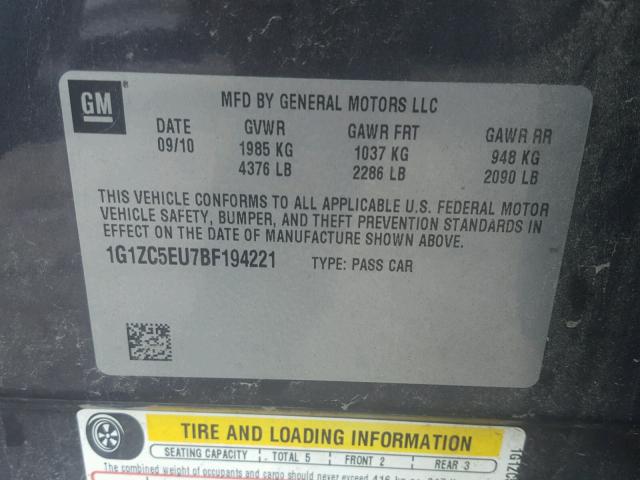 1G1ZC5EU7BF194221 - 2011 CHEVROLET MALIBU 1LT ნაცრისფერი ფოტო 10