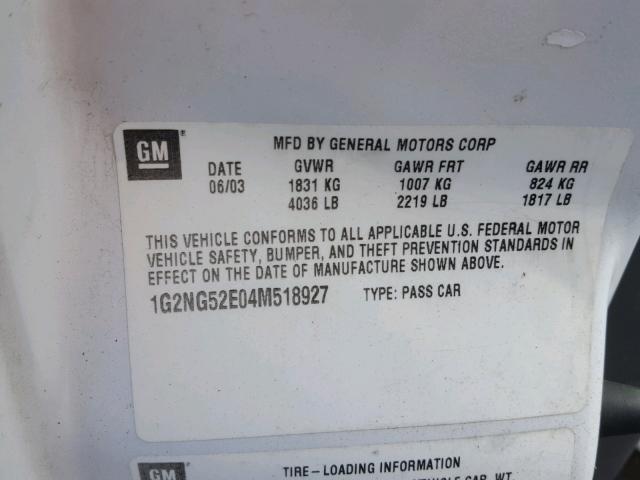 1G2NG52E04M518927 - 2004 PONTIAC GRAND AM S 白色 照片 10