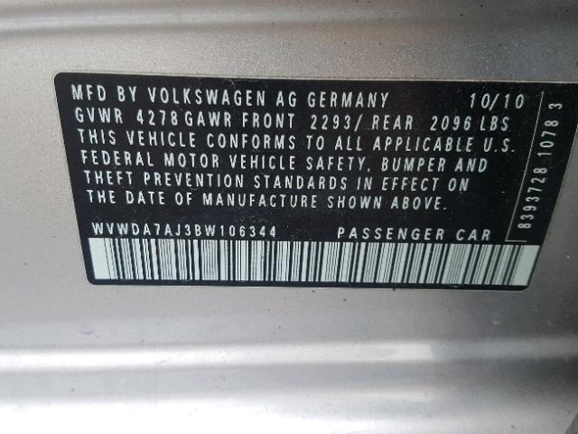 WVWDA7AJ3BW106344 - 2011 VOLKSWAGEN GOLF SILVER photo 10