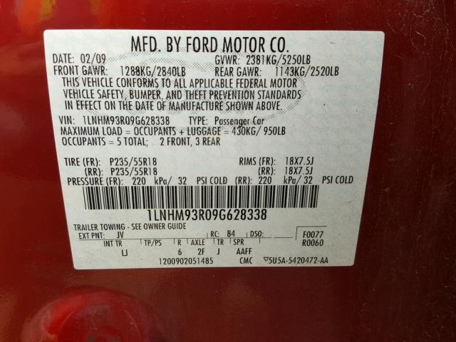 1LNHM93R09G628338 - 2009 LINCOLN MKS RED photo 10