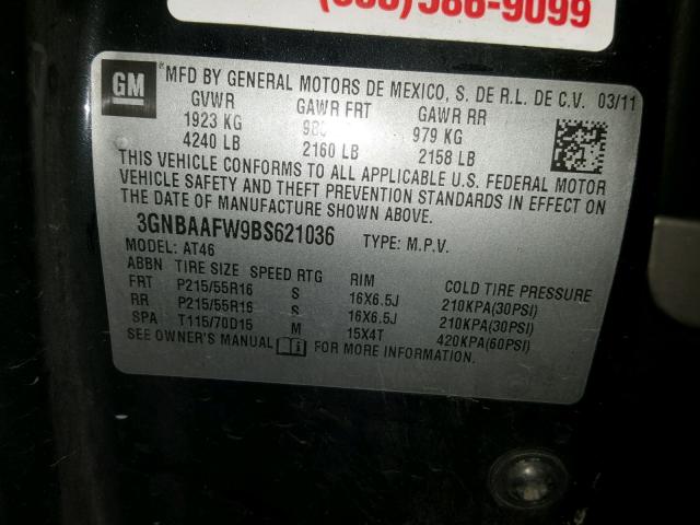 3GNBAAFW9BS621036 - 2011 CHEVROLET HHR LS BLACK photo 10