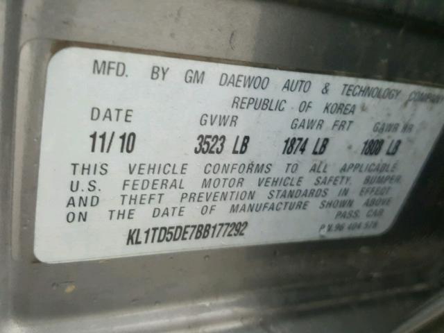 KL1TD5DE7BB177292 - 2011 CHEVROLET AVEO LS GRAY photo 10