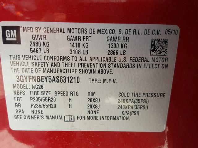 3GYFNBEY5AS631210 - 2010 CADILLAC SRX PERFOR 栗色 照片 10