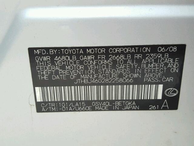 JTHBJ46G282258066 - 2008 LEXUS ES SILVER photo 10