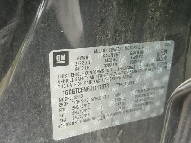 1GCGTCEN6J1117878 - 2018 CHEVROLET COLORADO L GRAY photo 10