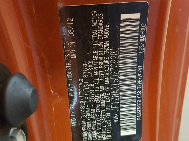 JF1ZNAA18D2709281 - 2013 TOYOTA SCION FR-S ORANGE photo 10