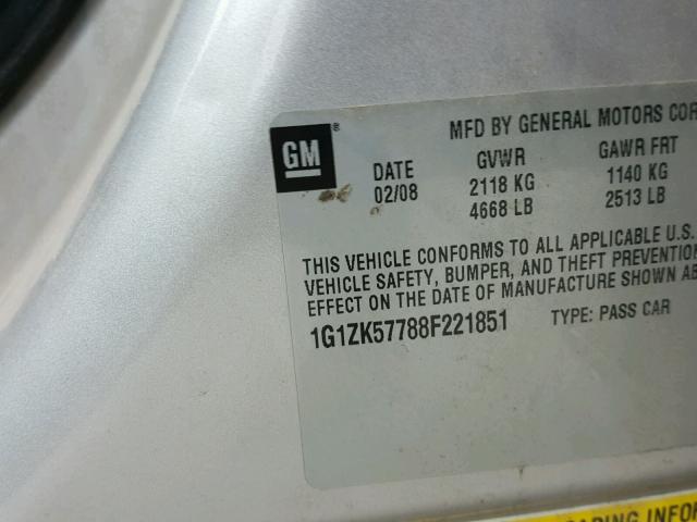 1G1ZK57788F221851 - 2008 CHEVROLET MALIBU LTZ 银色 照片 10