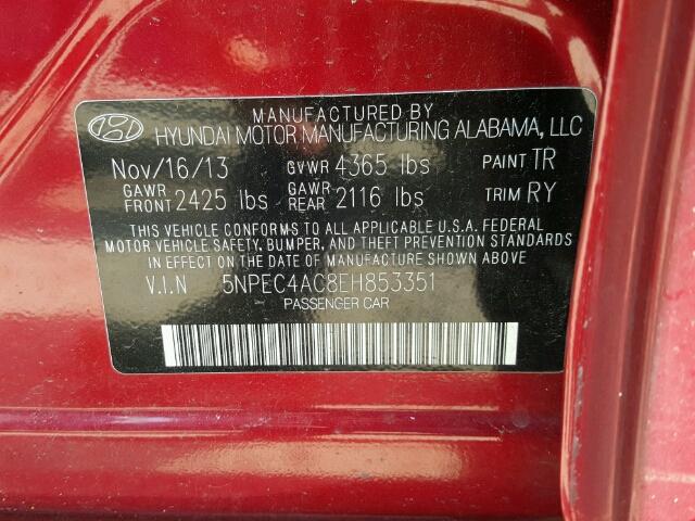 5NPEC4AC8EH853351 - 2014 HYUNDAI SONATA SE RED photo 10