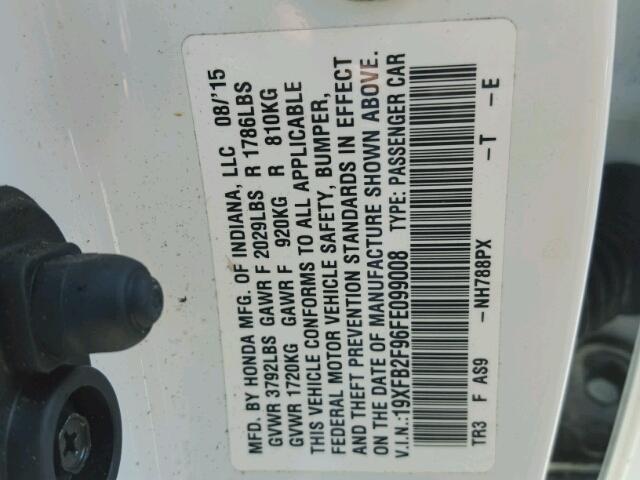 19XFB2F96FE099008 - 2015 HONDA CIVIC EXL WHITE photo 10