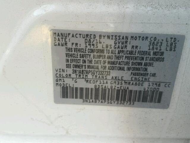 3N1AB7AP5GY332733 - 2016 NISSAN SENTRA S WHITE photo 10