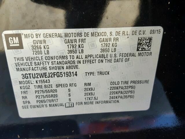 3GTU2WEJ2FG519314 - 2015 GMC SIERRA K15 BLACK photo 10