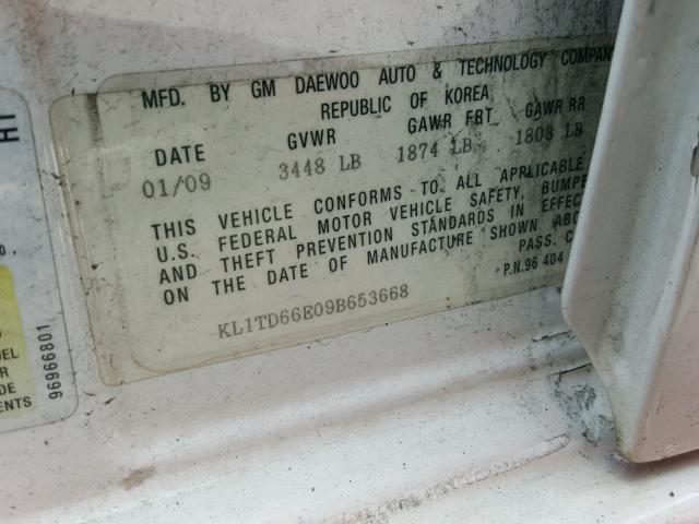 KL1TD66E09B653668 - 2009 CHEVROLET AVEO LS WHITE photo 10