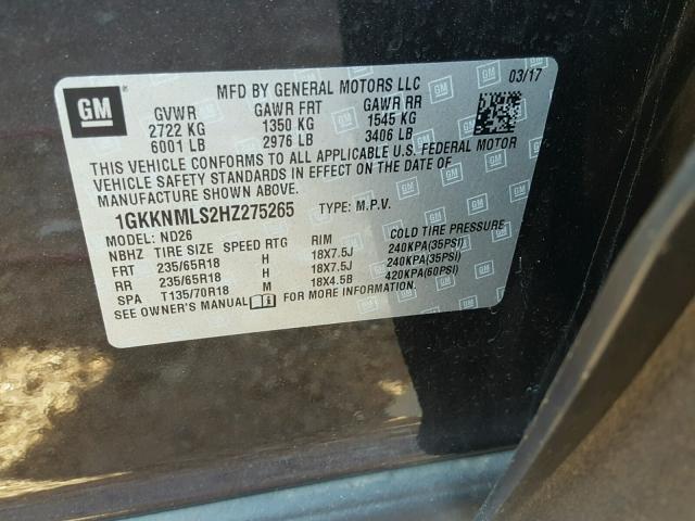 1GKKNMLS2HZ275265 - 2017 GMC ACADIA SLT 黑色 照片 10