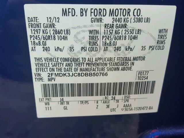 2FMDK3JC8DBB50766 - 2013 FORD EDGE BLUE photo 10