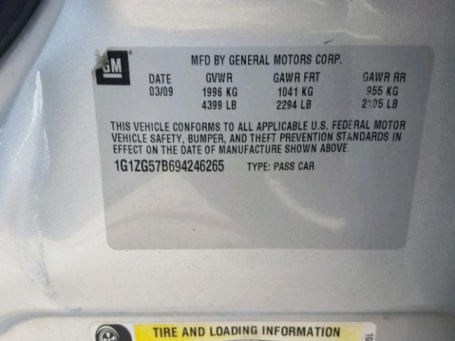 1G1ZG57B694246265 - 2009 CHEVROLET MALIBU LS SILVER photo 10