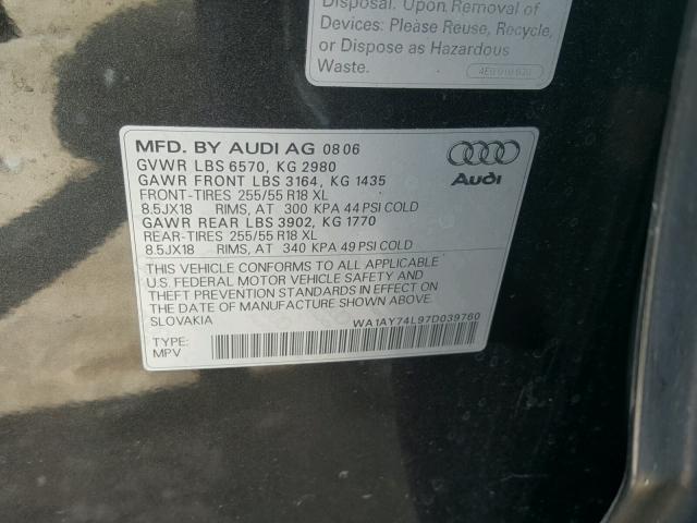 WA1AY74L97D039760 - 2007 AUDI Q7 3.6 QUA CHARCOAL photo 10