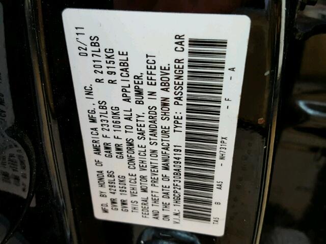 1HGCP2F30BA094191 - 2011 HONDA ACCORD BLACK photo 10