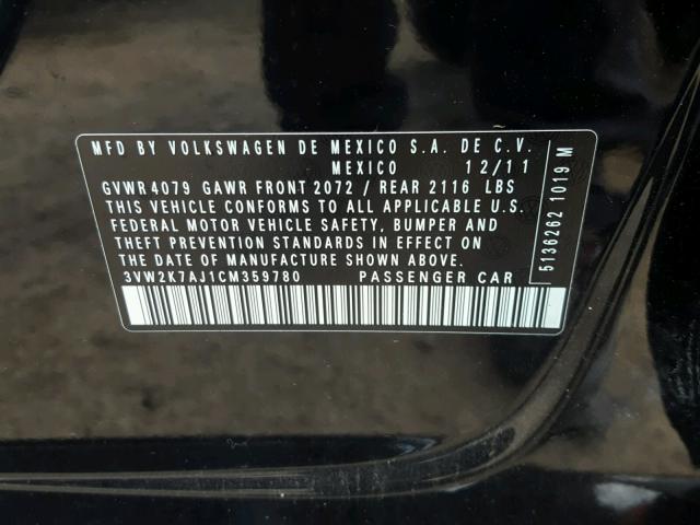 3VW2K7AJ1CM359780 - 2012 VOLKSWAGEN JETTA BASE Սև լուսանկար 10