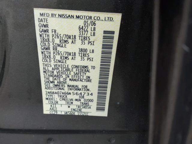 1N6BA07A66N564734 - 2006 NISSAN TITAN GRAY photo 10