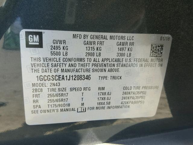 1GCGSCEA1J1208346 - 2018 CHEVROLET COLORADO L GRAY photo 10