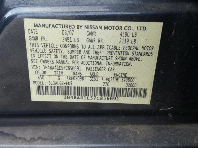 1N4BA41E57C856691 - 2007 NISSAN MAXIMA SE BLUE photo 10