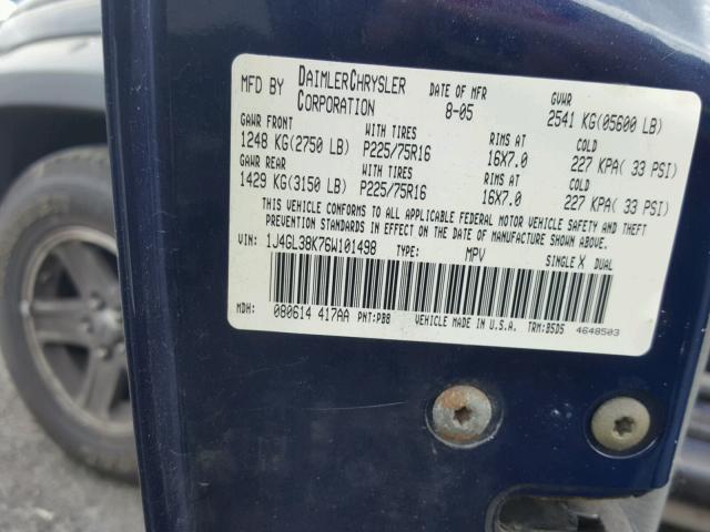 1J4GL38K76W101498 - 2006 JEEP LIBERTY RE BLUE photo 10