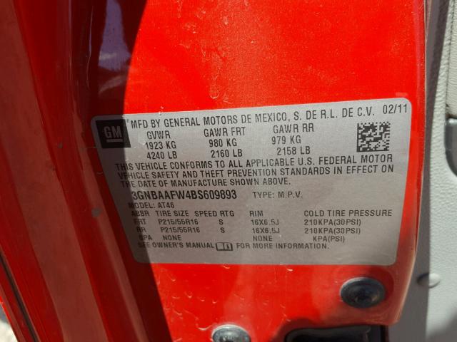 3GNBAAFW4BS609893 - 2011 CHEVROLET HHR LS RED photo 10