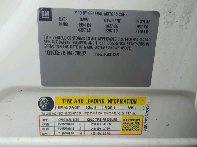 1G1ZG57B084278692 - 2008 CHEVROLET MALIBU LS 白色 照片 10