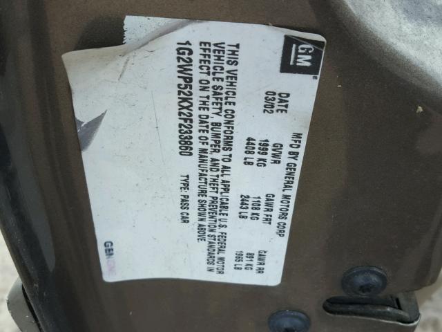 1G2WP52KX2F233860 - 2002 PONTIAC GRAND PRIX BEIGE photo 10