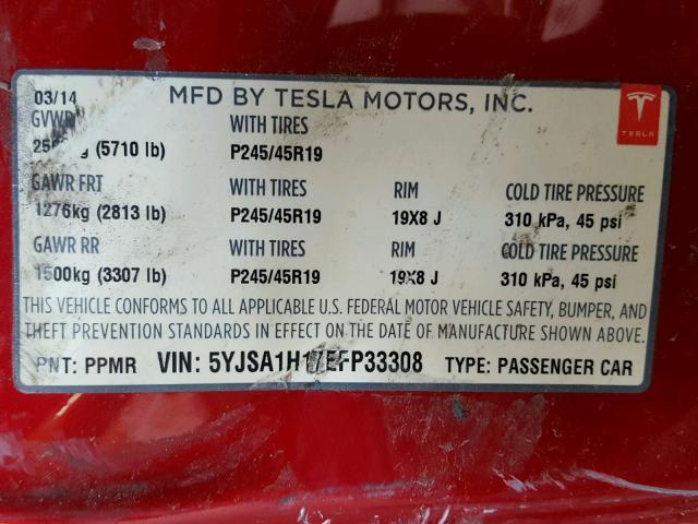 5YJSA1H17EFP33308 - 2014 TESLA MODEL S RED photo 10