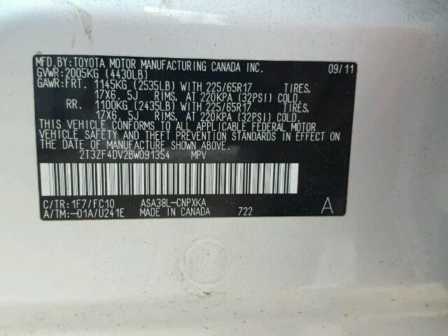 2T3ZF4DV2BW091354 - 2011 TOYOTA RAV4 SILVER photo 10