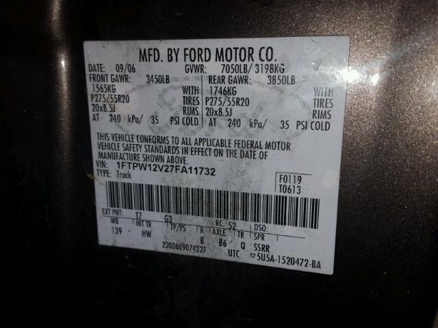 1FTPW12V27FA11732 - 2007 FORD F150 SUPER GRAY photo 10